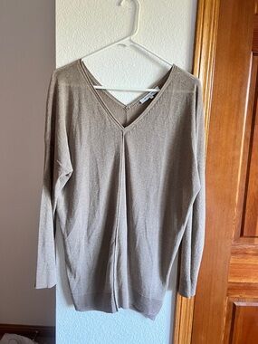 Gerard Darel Paris Metallic V-Neck Knit Top Taupe Viscose Blend Size 2